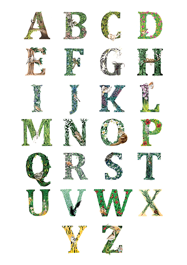 Forest Alphabet. Hand drawn lettering inspired by ancient forests.